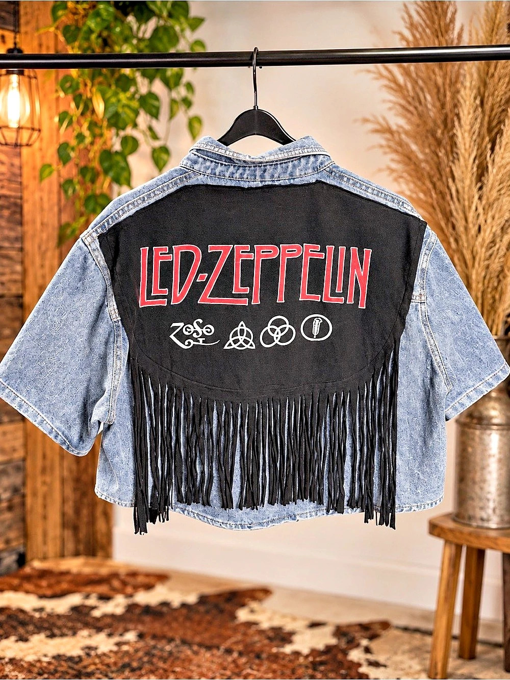 Handmade Upcycled Denim Crop Top Featuring Led-Zeppelin Graphic